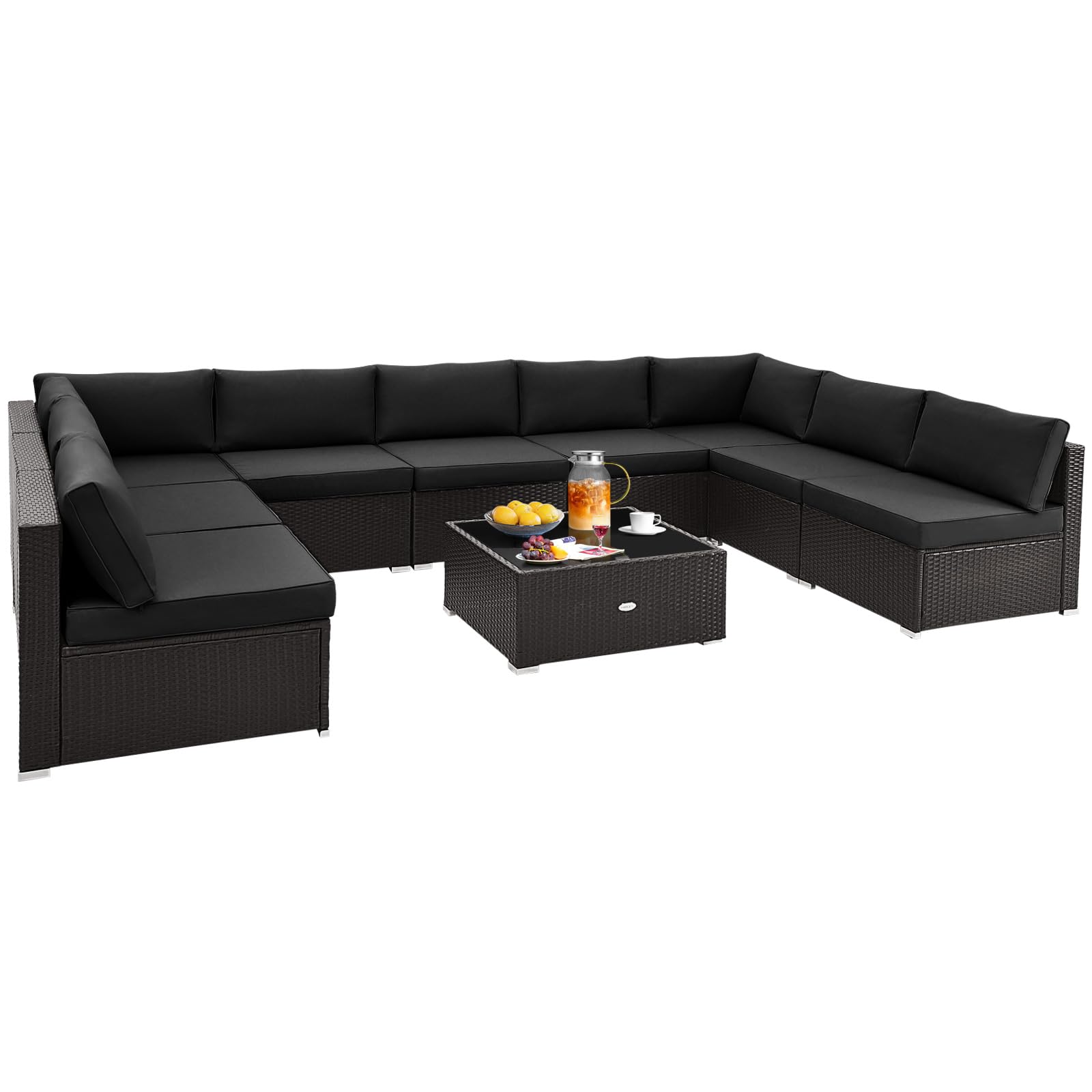 Ensemble de canapé de patio 10 pièces Tangkula, ensemble de conversation d'extérieur en osier avec coussins moelleux